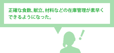 正確な食数、献立、材料などの在庫管理が素早くできるようになった。